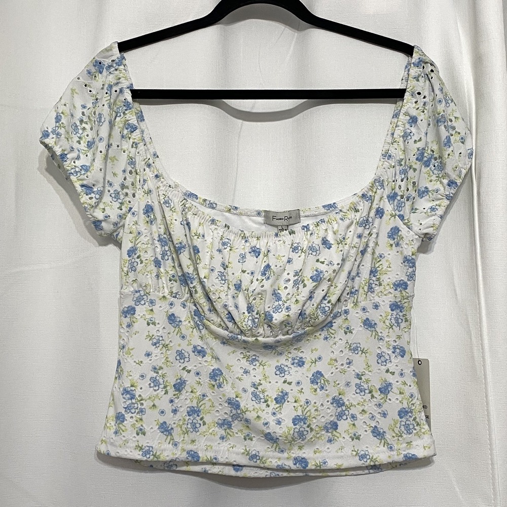 Faded Rose Floral Eyelet‎ Puff Sleeve Womens Crop Top L Coquette Cottagecore NWT